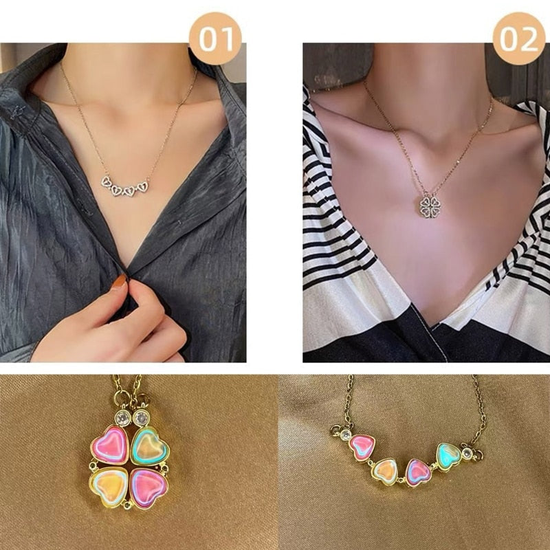 สร้อยคอใบโคลเวอร์สี่แฉกนำโชค สวมใส่ได้ 4-in-1 สองด้าน จี้รูปหัวใจแห่งความรัก