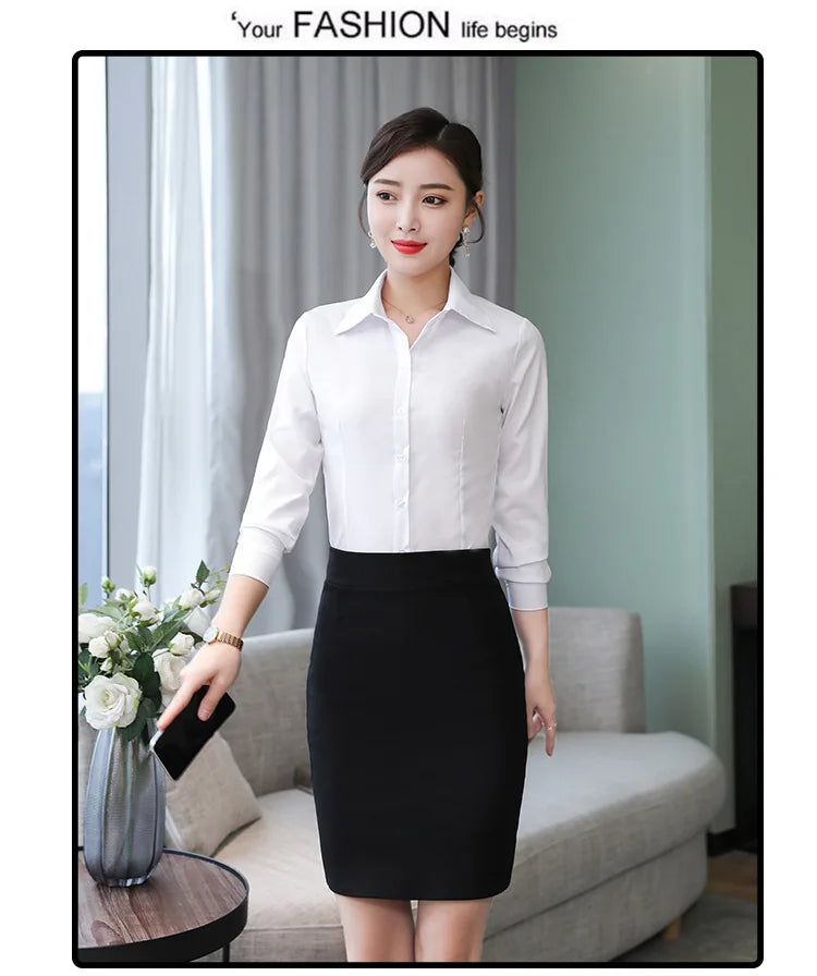 เสื้อเชิ้ตผู้หญิงแขนยาว ผ้าโพลีเอสเตอร์ผสมคอตตอน