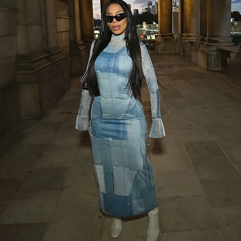 ชุดเดรสแม็กซี่เข้ารูปเซ็กซี่สไตล์วินเทจ ผ้าตาข่ายคอกลม แขนยาวบาน พิมพ์ลาย ผ่าสูง