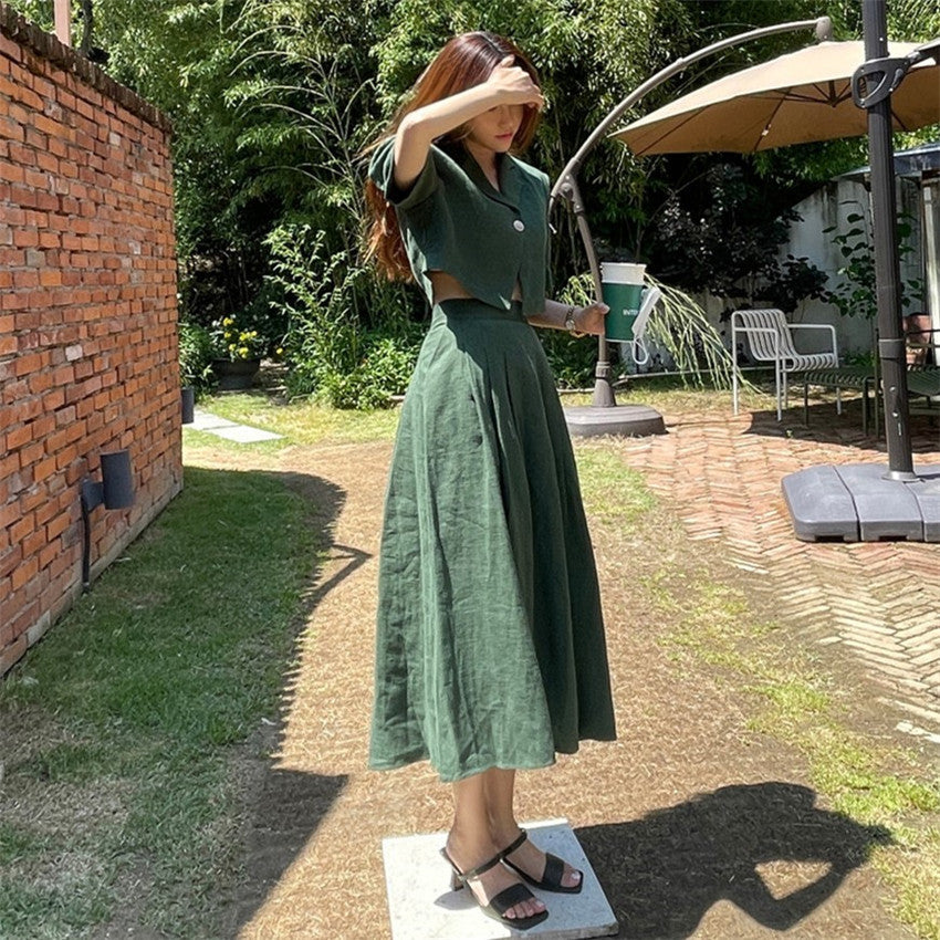 กระโปรงผ้าฝ้ายลินิน ชุดเซ็ตสองชิ้น เสื้อสูทเบลเซอร์แขนสั้นผู้หญิงเอวสูง