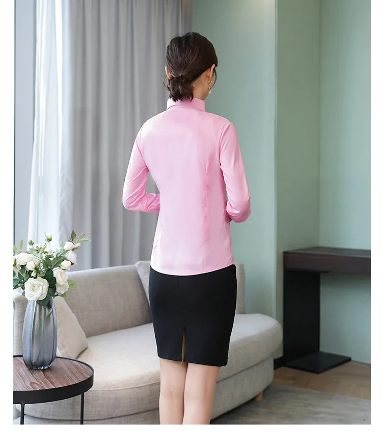 เสื้อเชิ้ตผู้หญิงแขนยาว ผ้าโพลีเอสเตอร์ผสมคอตตอน