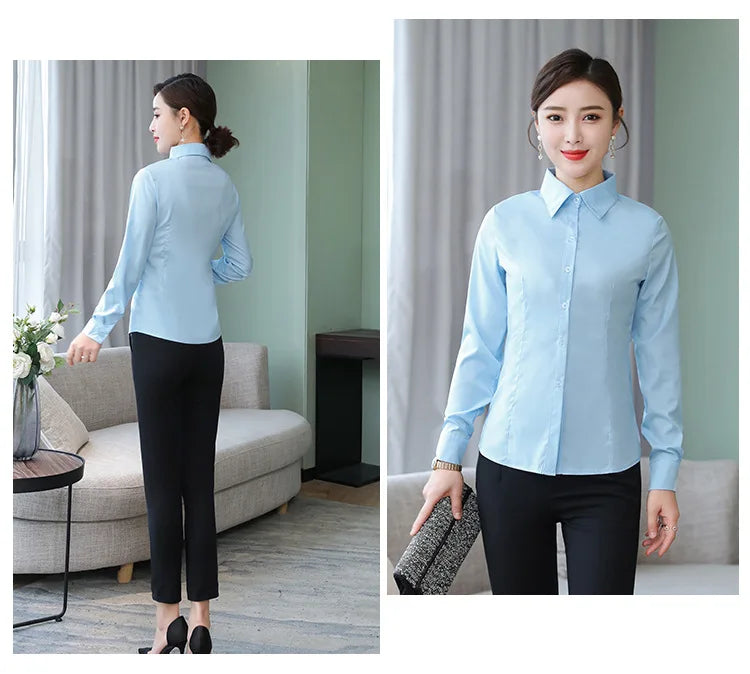 เสื้อเชิ้ตผู้หญิงแขนยาว ผ้าโพลีเอสเตอร์ผสมคอตตอน