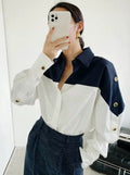เสื้อเชิ้ตผู้หญิงคอปกต่อผ้าแขนยาว กระดุมแถวเดียว เสื้อเบลาส์ทรงหลวมสำหรับผู้หญิง