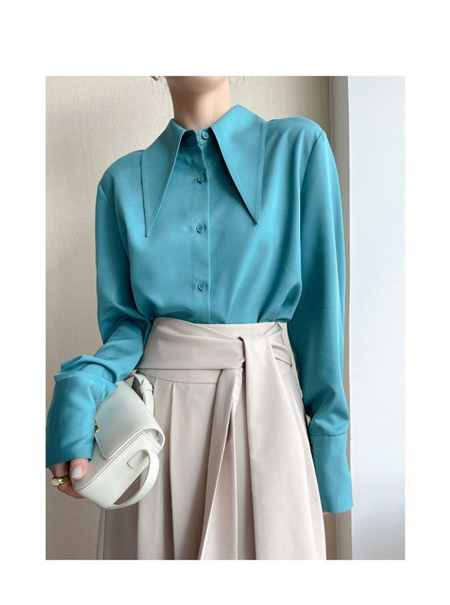 เสื้อเชิ้ตสีขาวคอปกแหลมขนาดใหญ่สำหรับผู้หญิง สไตล์วินเทจ ทรงหลวม แขนยาว