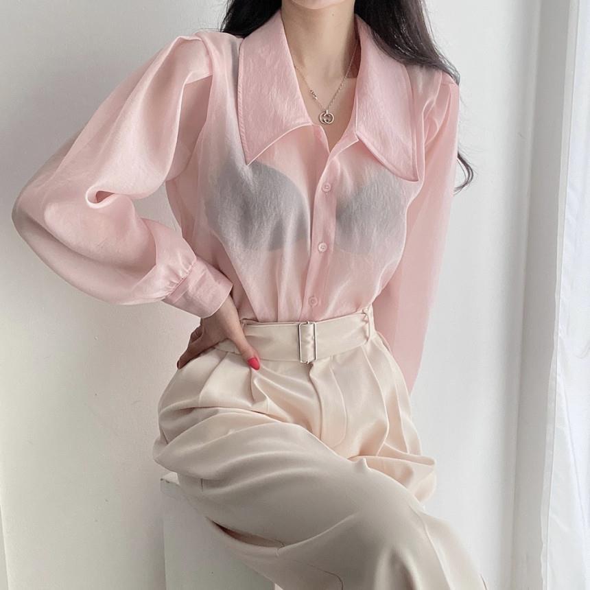 เสื้อเชิ้ตผู้หญิงซีทรูแบบกระดุม เสื้อเบลาส์แขนยาวทรงหลวมรุ่นใหม่ เสื้อกันยูวีสำหรับผู้หญิง ฤดูร้อนปี 2022