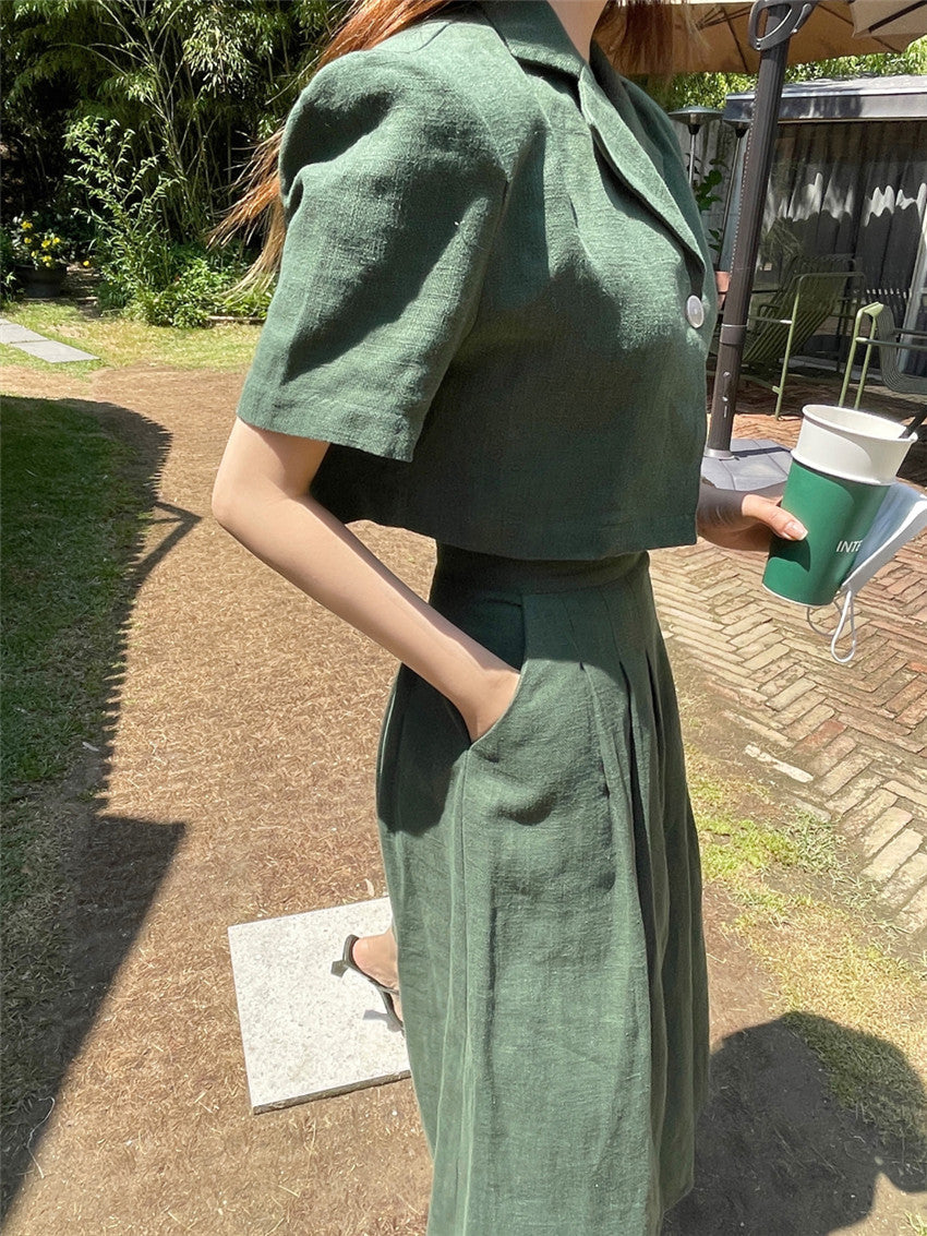 กระโปรงผ้าฝ้ายลินิน ชุดเซ็ตสองชิ้น เสื้อสูทเบลเซอร์แขนสั้นผู้หญิงเอวสูง