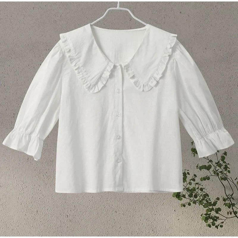 ชุดเซ็ตเสื้อคอแต่งระบายผูกเชือกกับกระโปรงสั้นพองแขน กระโปรงจีบสั้น
