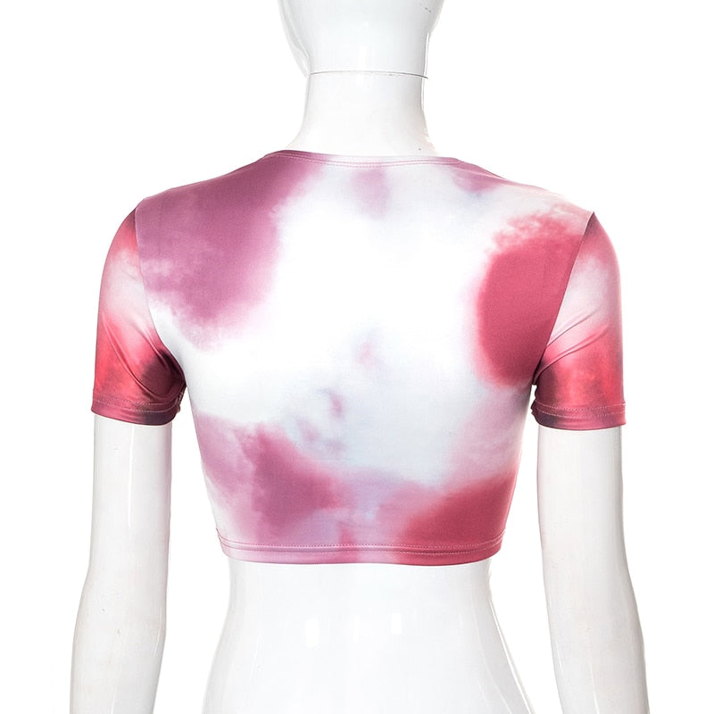 เสื้อยืดครอปแขนสั้นคอกลมลายมัดย้อมทรงเข้ารูป