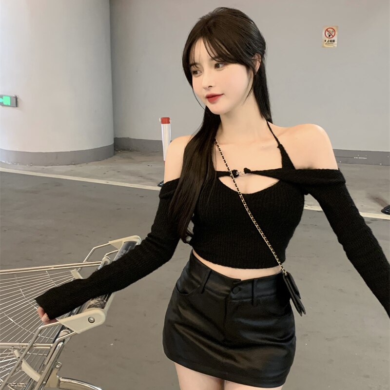 เสื้อเปิดไหล่ผู้หญิง เสื้อคอเว้าเข้ารูป คอคล้องคอ เสื้อไหมพรม y2k ฤดูร้อน 2022