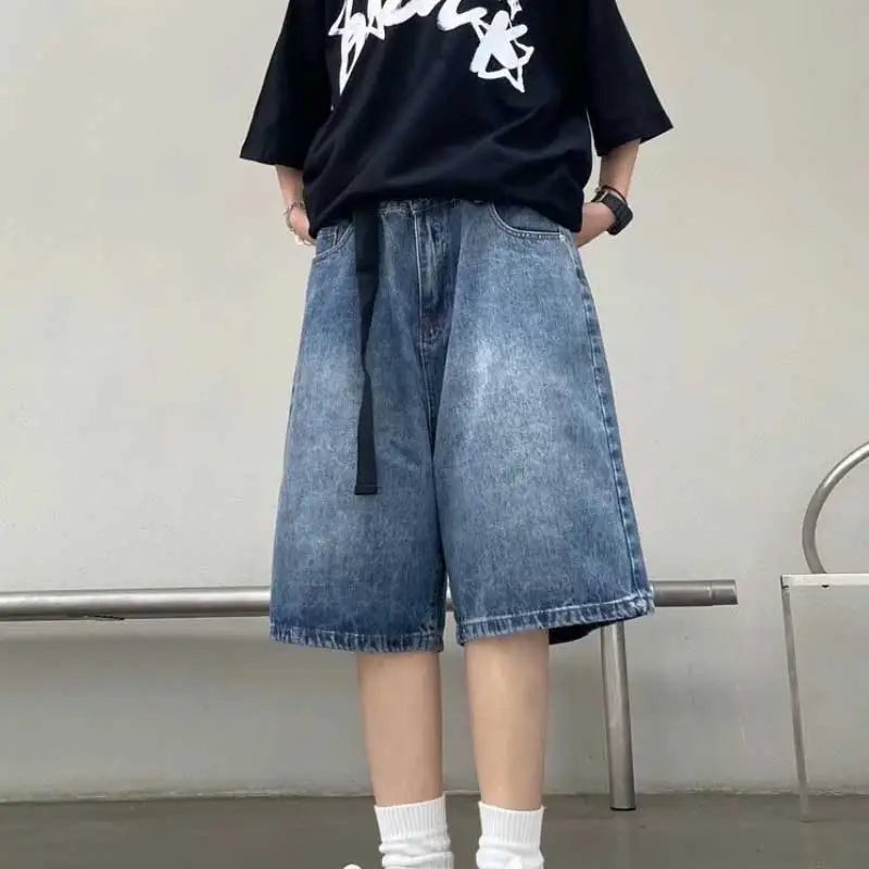 กางเกงยีนส์ขาสั้นสีฟ้ารetro สตรีทแฟชั่น เสื้อผ้าผู้หญิง Y2K โอเวอร์ไซส์