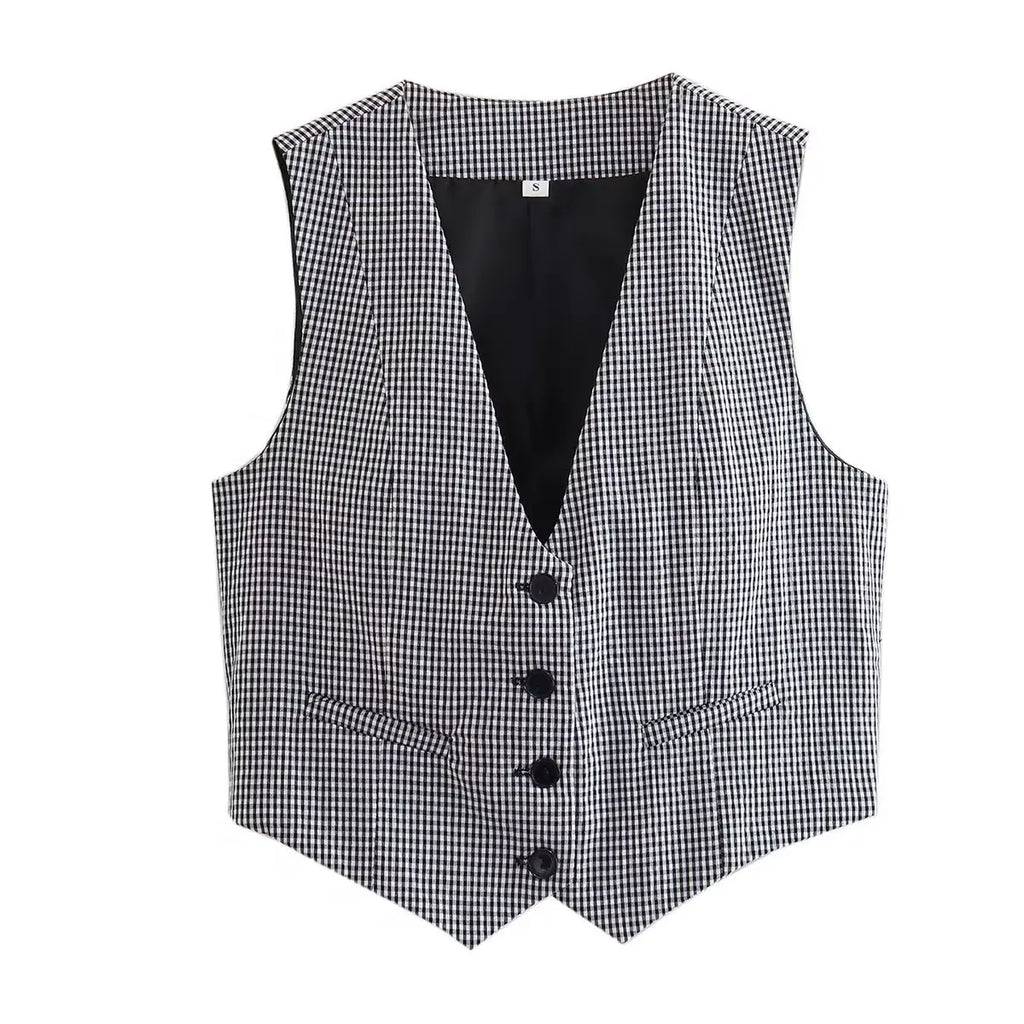 เสื้อกั๊กคลุมสตรีคอวีแขนกุดสไตล์วินเทจสีขาวสุดเก๋