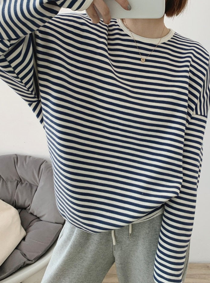 เสื้อสเวตเตอร์ผู้หญิงลายทาง ผ้าฝ้ายถัก เสื้อแขนยาวทรงหลวมสำหรับผู้หญิง