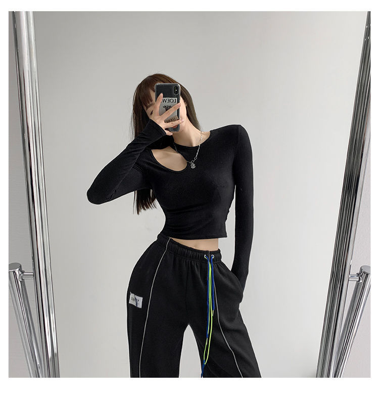เสื้อยืดผู้หญิงแฟชั่นซีทรูทรงสลิมสไตล์ Y2K เสื้อครอปออฟชูล์ดแขนยาวสำหรับผู้หญิง