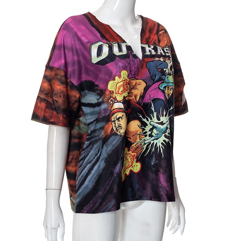 เสื้อยืดแขนสั้นคอวีพิมพ์ลายโอเวอร์ไซส์เซ็กซี่ สตรีทแวร์ Y2K