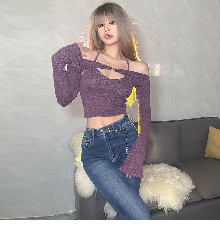 เสื้อยืดคล้องคอแบบไร้สายสำหรับผู้หญิง สไตล์หวานเซ็กซี่ เปิดไหล่ เสื้อท่อนบนแบบสองชิ้นสำหรับผู้หญิงหุ่นเพรียว