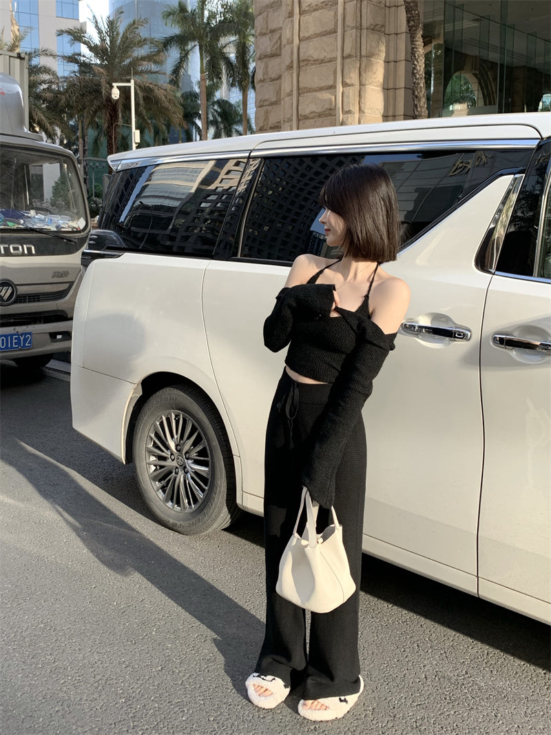 เสื้อเปิดไหล่ผู้หญิง เสื้อคอเว้าเข้ารูป คอคล้องคอ เสื้อไหมพรม y2k ฤดูร้อน 2022