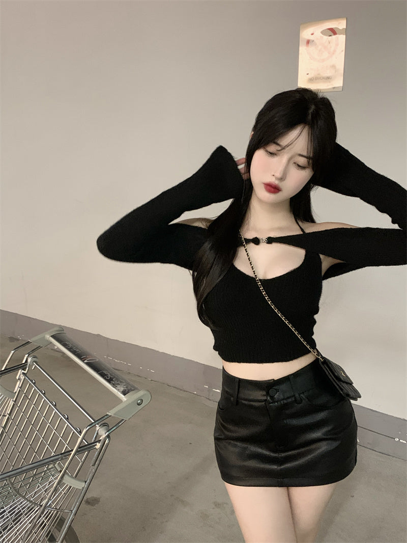 เสื้อเปิดไหล่ผู้หญิง เสื้อคอเว้าเข้ารูป คอคล้องคอ เสื้อไหมพรม y2k ฤดูร้อน 2022