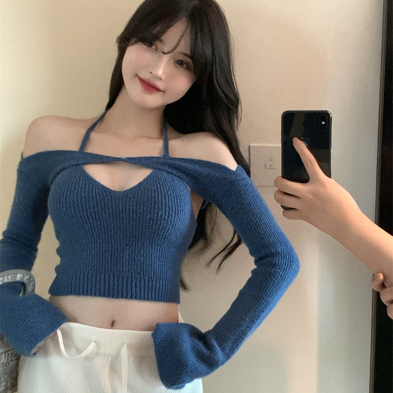 เสื้อเปิดไหล่ผู้หญิง เสื้อคอเว้าเข้ารูป คอคล้องคอ เสื้อไหมพรม y2k ฤดูร้อน 2022