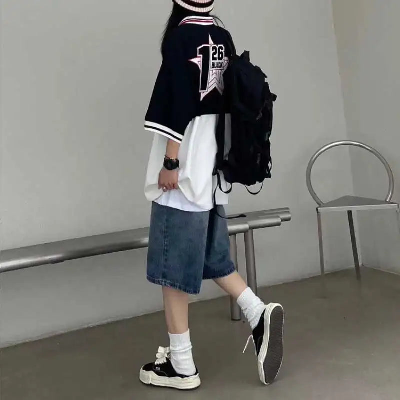 กางเกงยีนส์ขาสั้นสีฟ้ารetro สตรีทแฟชั่น เสื้อผ้าผู้หญิง Y2K โอเวอร์ไซส์