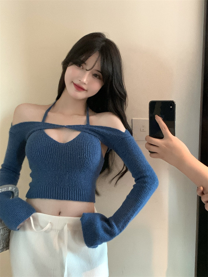เสื้อเปิดไหล่ผู้หญิง เสื้อคอเว้าเข้ารูป คอคล้องคอ เสื้อไหมพรม y2k ฤดูร้อน 2022