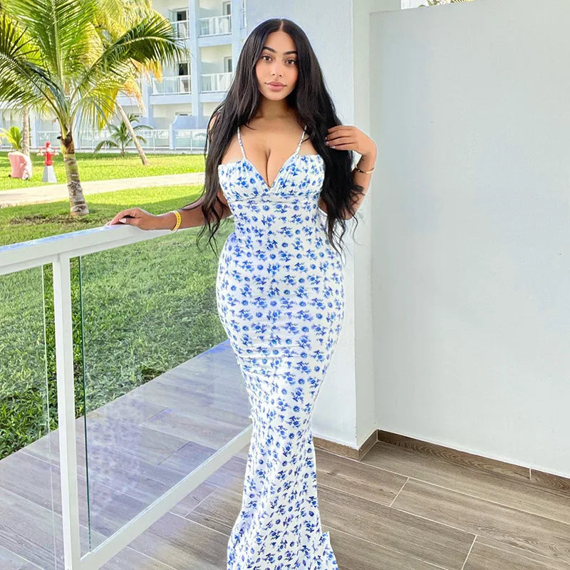 ชุดเดรสยาวรัดรูปสตรีทแฟชั่นลายดอกไม้สุดหรูสำหรับวันหยุดพักผ่อนที่ชายหาด
