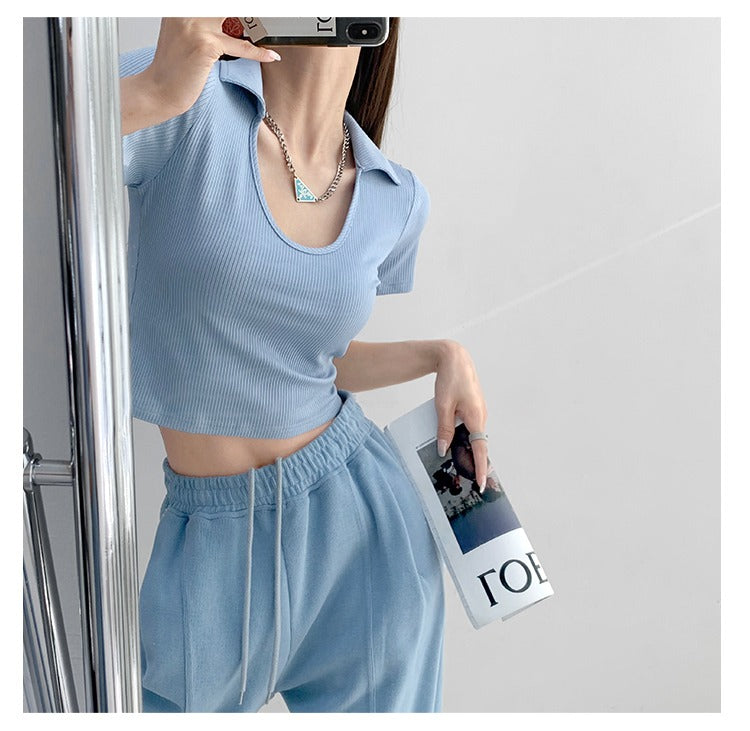 เสื้อท่อนบนผู้หญิงสไตล์ Y2K คอรูปตัว U แขนสั้น เสื้อยืดคอตกฤดูร้อนเอวสูงเสื้อครอปผูกเชือก