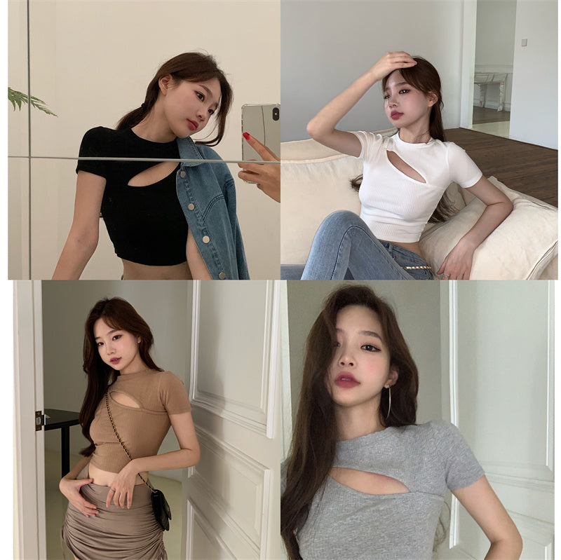 เสื้อยืดผู้หญิงฤดูร้อน ลายฉลุ คอกลม ทรงครอป ทรงไม่สมมาตร รัดรูป แขนสั้น