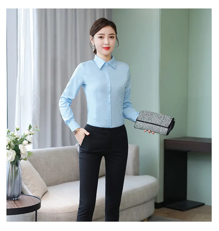 เสื้อเชิ้ตผู้หญิงแขนยาว ผ้าโพลีเอสเตอร์ผสมคอตตอน