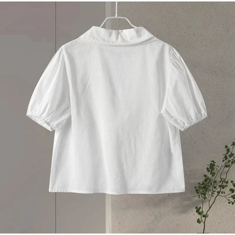 ชุดเซ็ตเสื้อคอแต่งระบายผูกเชือกกับกระโปรงสั้นพองแขน กระโปรงจีบสั้น