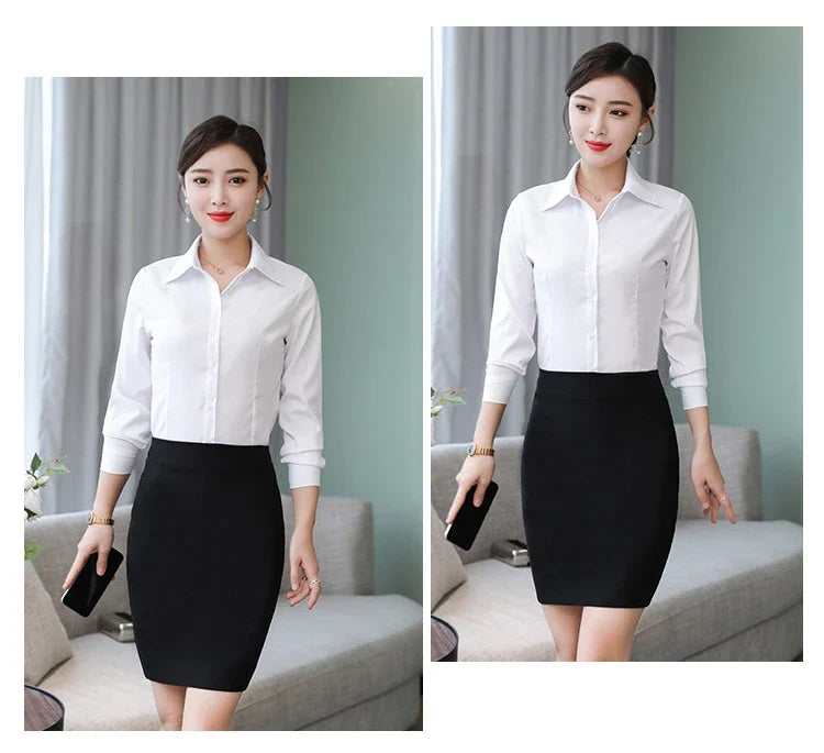 เสื้อเชิ้ตผู้หญิงแขนยาว ผ้าโพลีเอสเตอร์ผสมคอตตอน