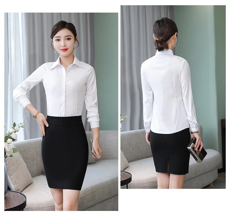 เสื้อเชิ้ตผู้หญิงแขนยาว ผ้าโพลีเอสเตอร์ผสมคอตตอน