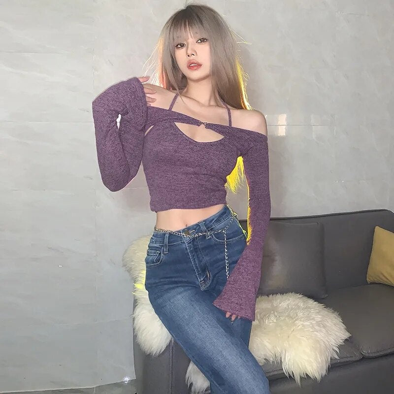 เสื้อยืดคล้องคอแบบไร้สายสำหรับผู้หญิง สไตล์หวานเซ็กซี่ เปิดไหล่ เสื้อท่อนบนแบบสองชิ้นสำหรับผู้หญิงหุ่นเพรียว