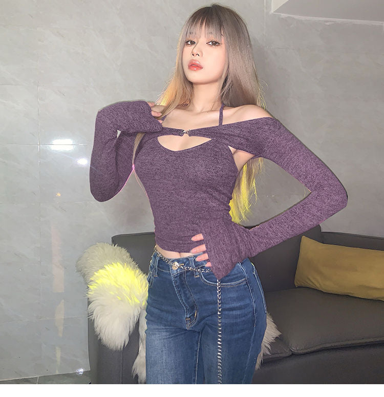 เสื้อยืดคล้องคอแบบไร้สายสำหรับผู้หญิง สไตล์หวานเซ็กซี่ เปิดไหล่ เสื้อท่อนบนแบบสองชิ้นสำหรับผู้หญิงหุ่นเพรียว