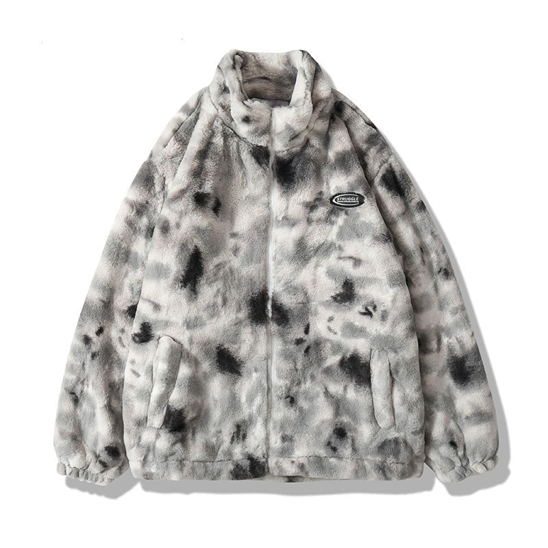 แจ็กเก็ตฮิปฮอปสตรีทแวร์ ลายมัดย้อมรูปหัวใจ เนื้อขนฟู เสื้อโค้ทกันหนาว