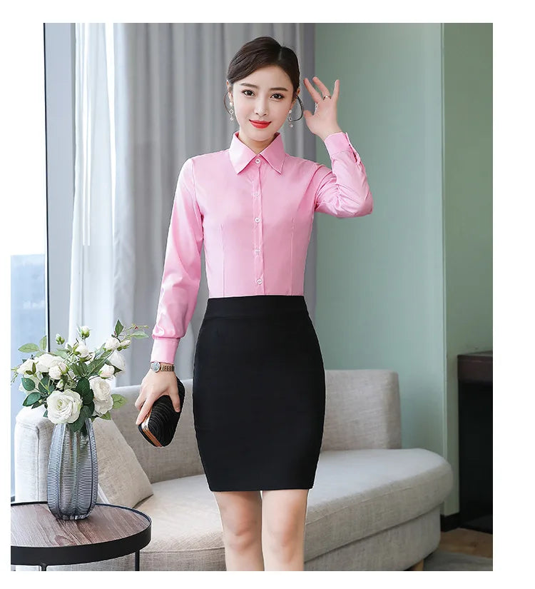เสื้อเชิ้ตผู้หญิงแขนยาว ผ้าโพลีเอสเตอร์ผสมคอตตอน
