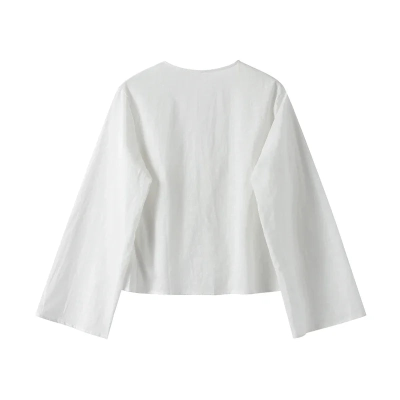 เสื้อเชิ้ตผู้หญิงผ้าฝ้ายผสมลินินแบบผูกเชือกประดับโบว์ ทรงหลวม เว้าคอวี แขนยาว