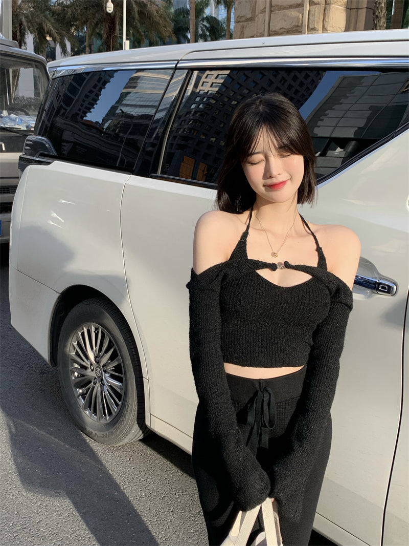 เสื้อเปิดไหล่ผู้หญิง เสื้อคอเว้าเข้ารูป คอคล้องคอ เสื้อไหมพรม y2k ฤดูร้อน 2022