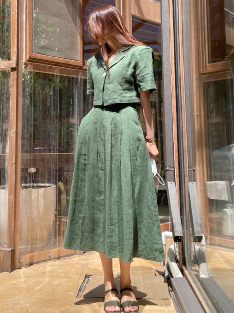 กระโปรงผ้าฝ้ายลินิน ชุดเซ็ตสองชิ้น เสื้อสูทเบลเซอร์แขนสั้นผู้หญิงเอวสูง