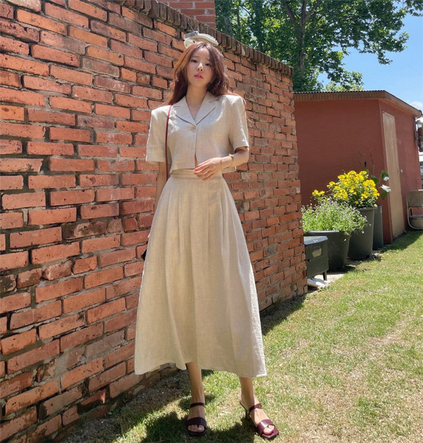 กระโปรงผ้าฝ้ายลินิน ชุดเซ็ตสองชิ้น เสื้อสูทเบลเซอร์แขนสั้นผู้หญิงเอวสูง
