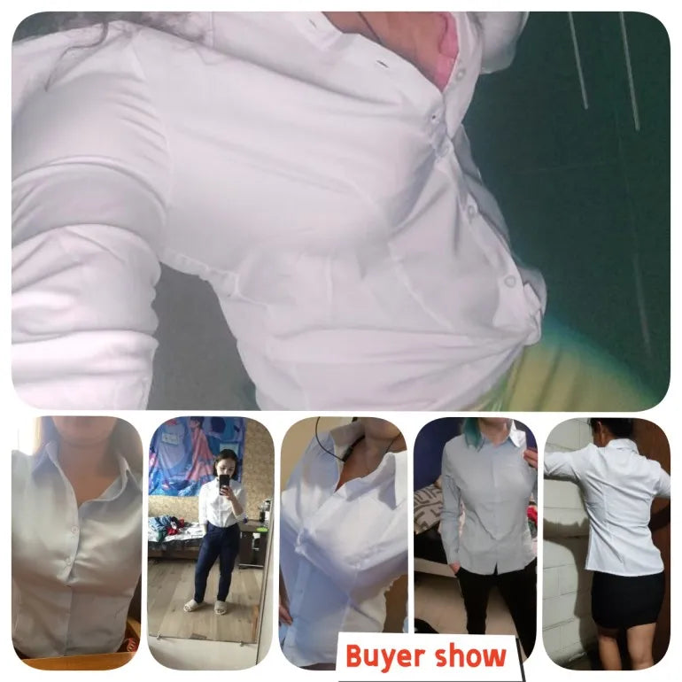 เสื้อเชิ้ตผู้หญิงแขนยาว ผ้าโพลีเอสเตอร์ผสมคอตตอน