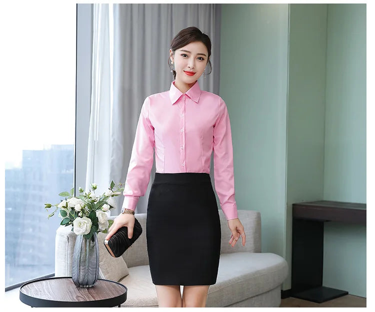 เสื้อเชิ้ตผู้หญิงแขนยาว ผ้าโพลีเอสเตอร์ผสมคอตตอน