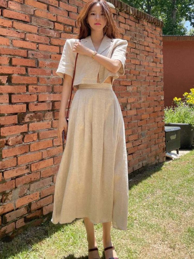กระโปรงผ้าฝ้ายลินิน ชุดเซ็ตสองชิ้น เสื้อสูทเบลเซอร์แขนสั้นผู้หญิงเอวสูง