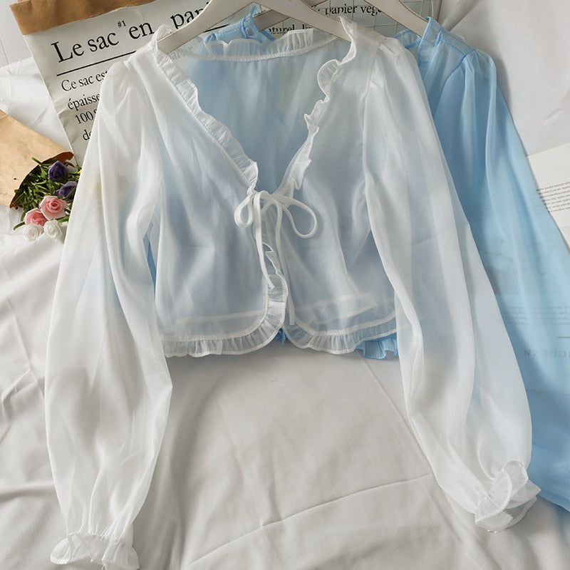 เสื้อคาร์ดิแกนผู้หญิงแขนสั้นผ้าลูกไม้เนื้อบาง ผูกโบว์ กันแดดฤดูร้อน เสื้อคลุมลำลอง