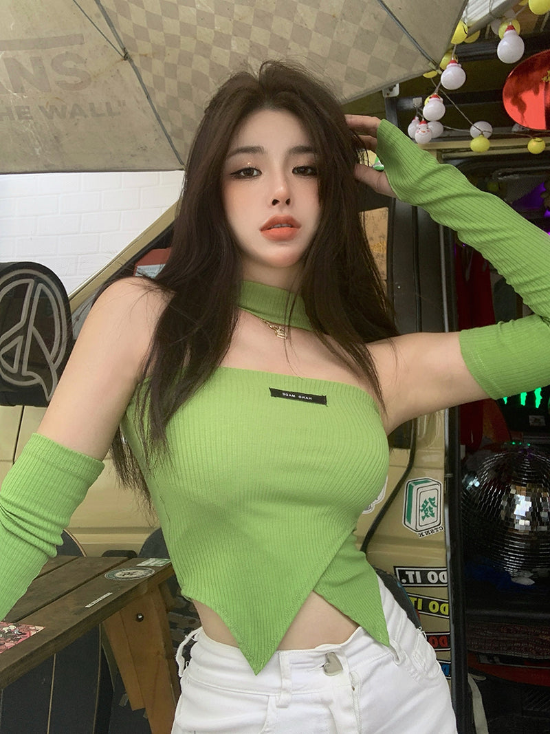 เสื้อยืดคล้องคอแขนกุดสีเขียวสำหรับผู้หญิง ทรงเข้ารูปเซ็กซี่ ดีไซน์ไม่สมมาตร แขนยาว ค롭สั้น
