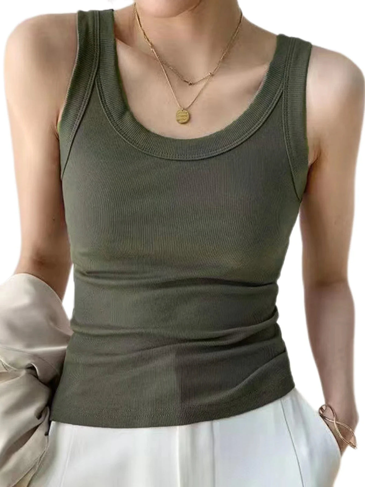 เสื้อกล้ามผู้หญิงผ้าลอน สีพื้น ไร้แขน คอกลม