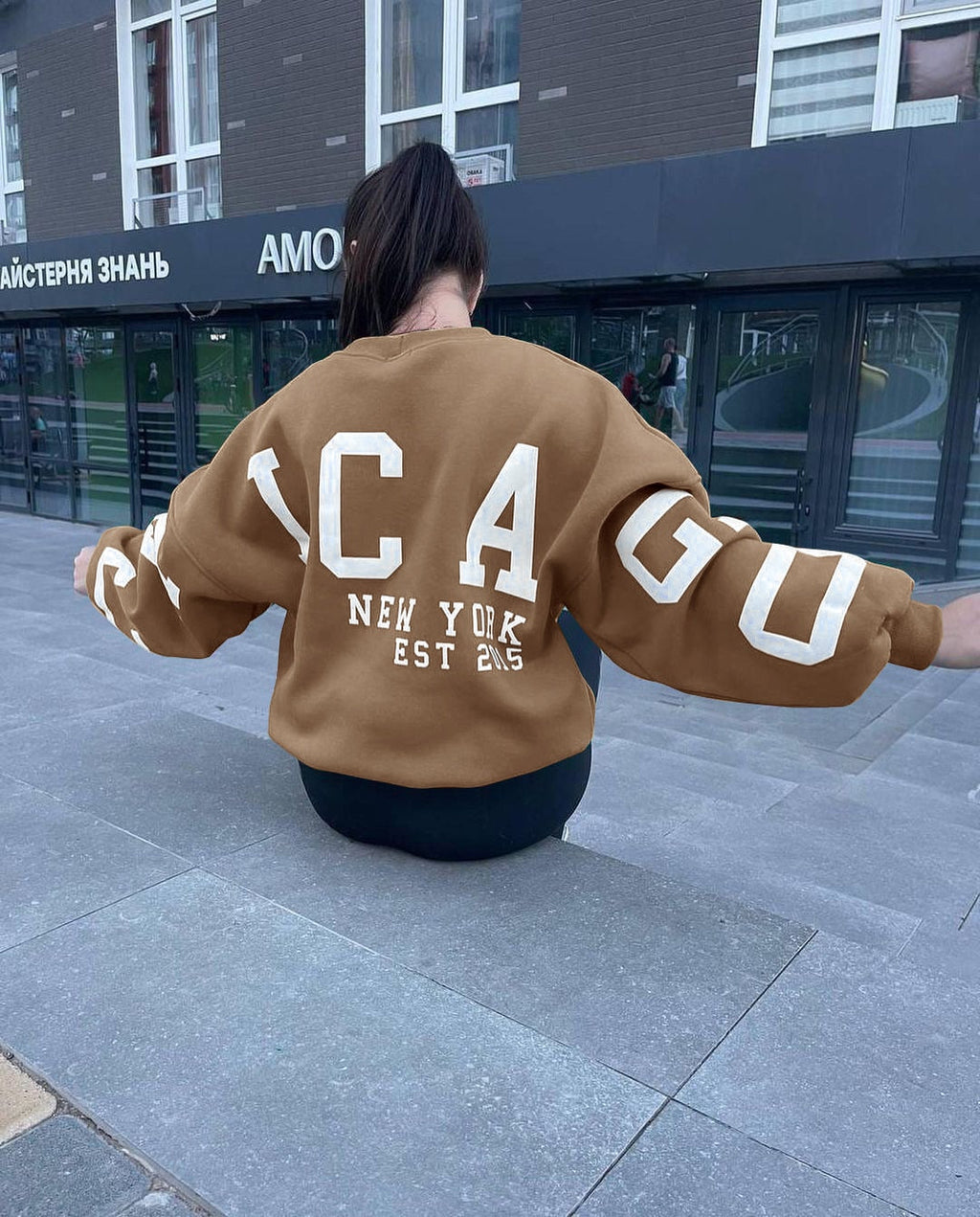 เสื้อสเวตเชิ้ตลายตัวอักษรสไตล์แคชชวลสำหรับผู้หญิง เสื้อฮู้ดแขนยาวทรงหลวม สตรีทแวร์ Y2K