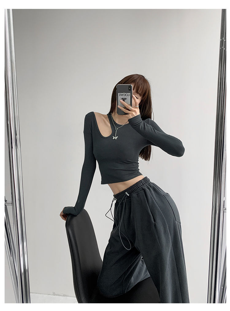 เสื้อยืดผู้หญิงแฟชั่นซีทรูทรงสลิมสไตล์ Y2K เสื้อครอปออฟชูล์ดแขนยาวสำหรับผู้หญิง