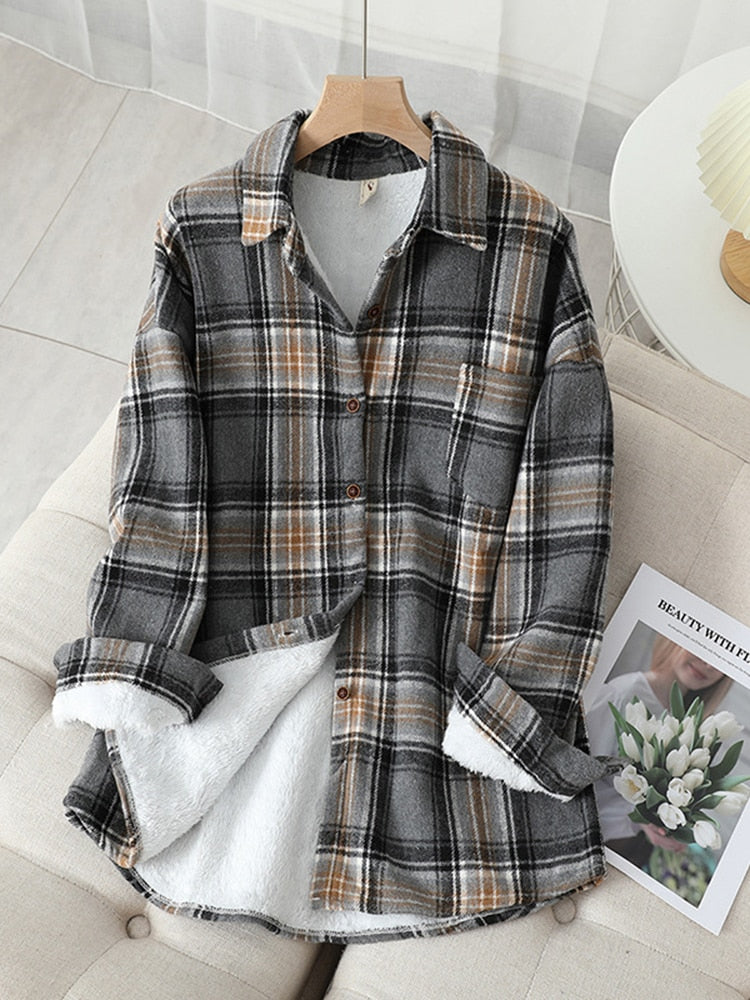 เสื้อเชิ้ตเสื้อเบลาส์ผ้ากำมะหยี่เนื้อหนาลายสก็อต เสื้อกันหนาวสำหรับฤดูใบไม้ร่วงและฤดูหนาว