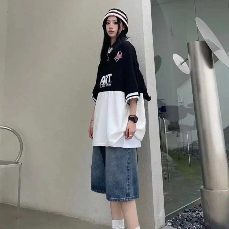 กางเกงยีนส์ขาสั้นสีฟ้ารetro สตรีทแฟชั่น เสื้อผ้าผู้หญิง Y2K โอเวอร์ไซส์