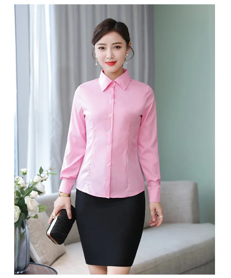 เสื้อเชิ้ตผู้หญิงแขนยาว ผ้าโพลีเอสเตอร์ผสมคอตตอน
